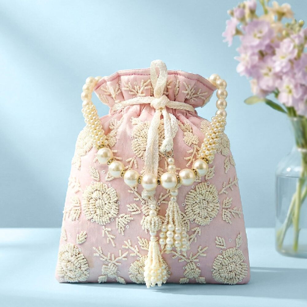 1408 Pink Potli Bag Gift Handmade Evening bag Stylish Bridal Wristlet Purse - Picture 2 of 8